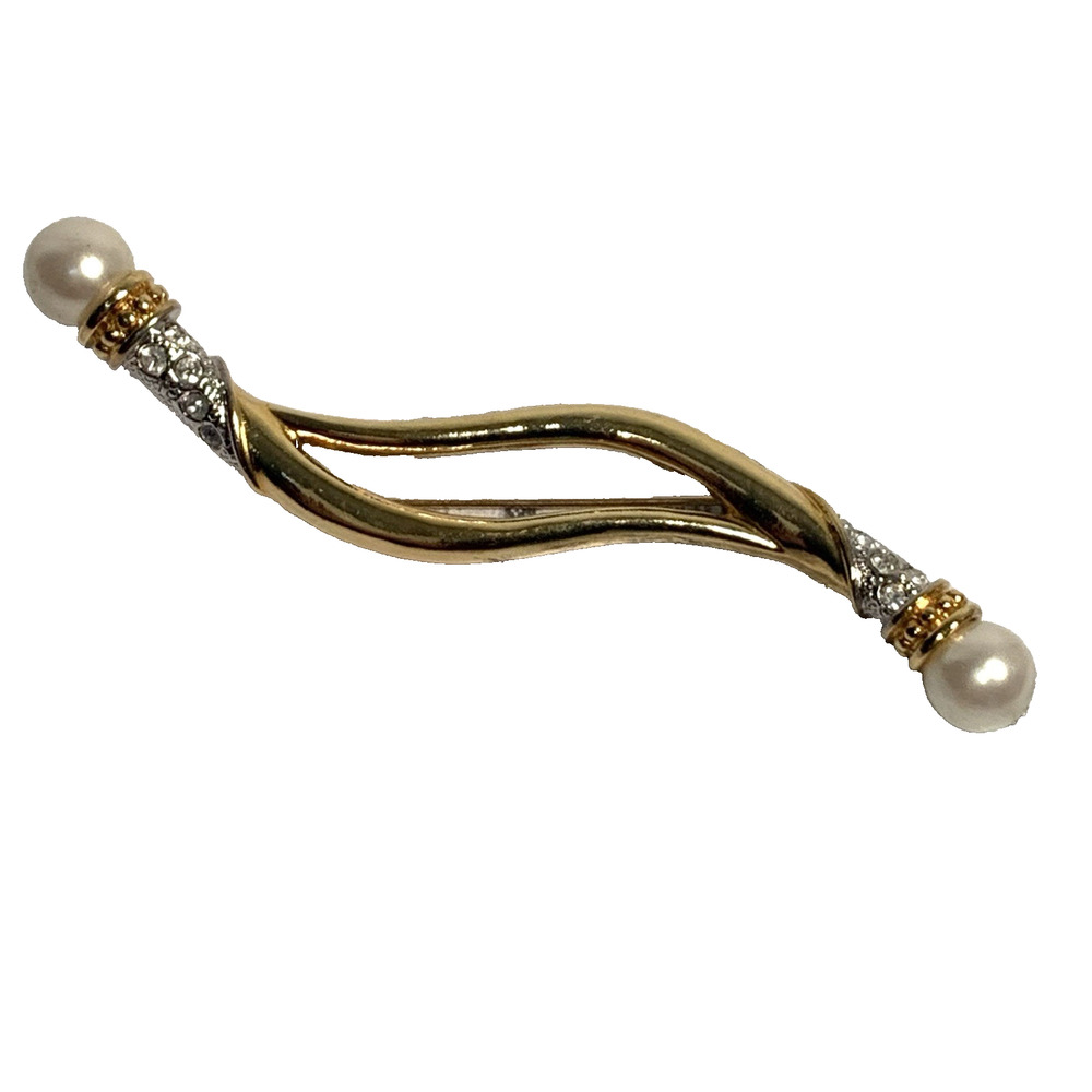 Vintage Avon Faux Pearl Pave Rhinestone Bar Brooch Gold Tone 4" Signed Pin